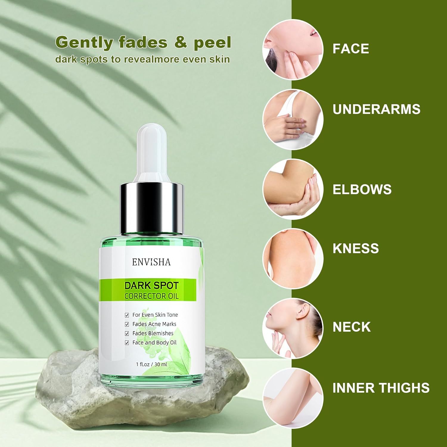 Grüne Glasflasche mit Tropfer. ENVISHA Dark Spot Corrector Oil. Bereiche: Gesicht, Achseln, Ellbogen, Knie, Hals, Oberschenkel.