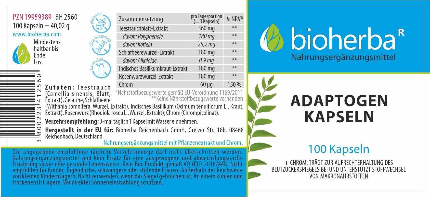 Etikett mit Produktinformationen. Enthält Inhaltsstoffe, Nährwertangaben und Herstellerdetails. Produktname: Adaptogen Kapseln.