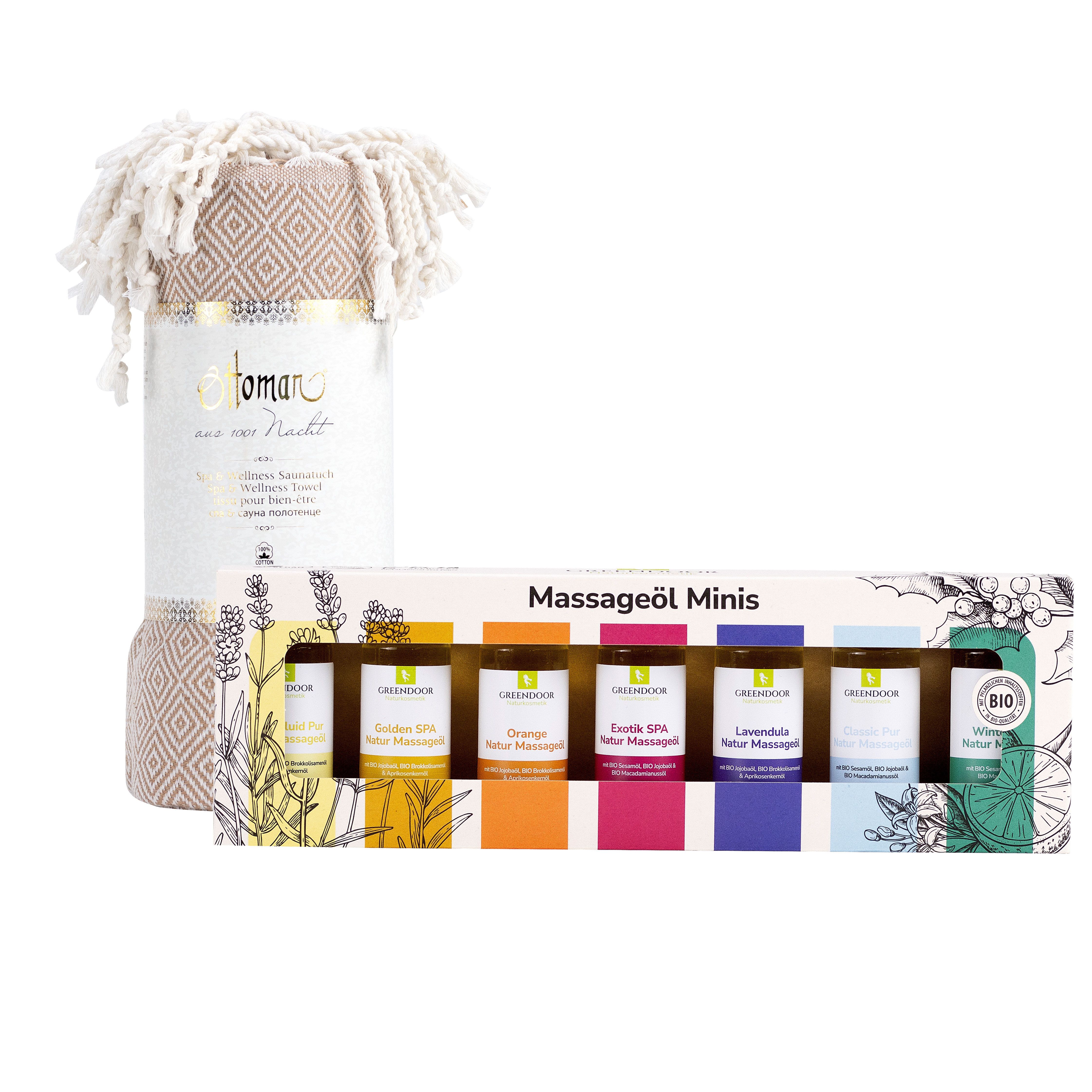Geschenkset mit Handtuch und Massageöl-Minis. Sechs kleine Flaschen mit farbigen Etiketten in einer Schachtel. Bio-Siegel.