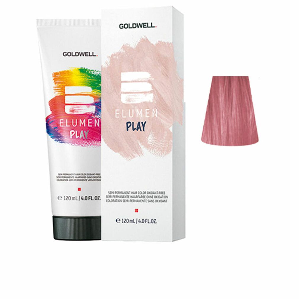 Goldwell Elumen Play Pastel Rose. Tube und Schachtel mit Produktinformationen. Farbprobe in Rosa.