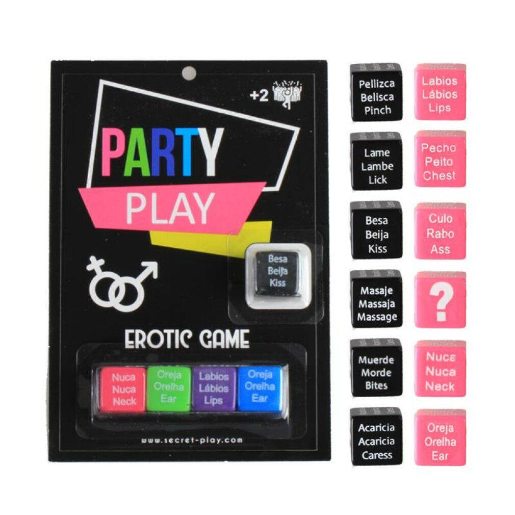 Spiel mit Würfeln. Schwarze Verpackung mit "PARTY PLAY"-Schriftzug. Mehrere farbige Würfel mit Text. Website-Adresse: secret-play.com.