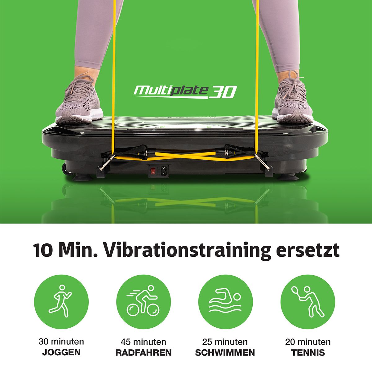 Vibrationsplatte mit gelben Bändern. Text: 10 Min. Vibrationstraining ersetzt. Grafiken: Joggen, Radfahren, Schwimmen, Tennis.