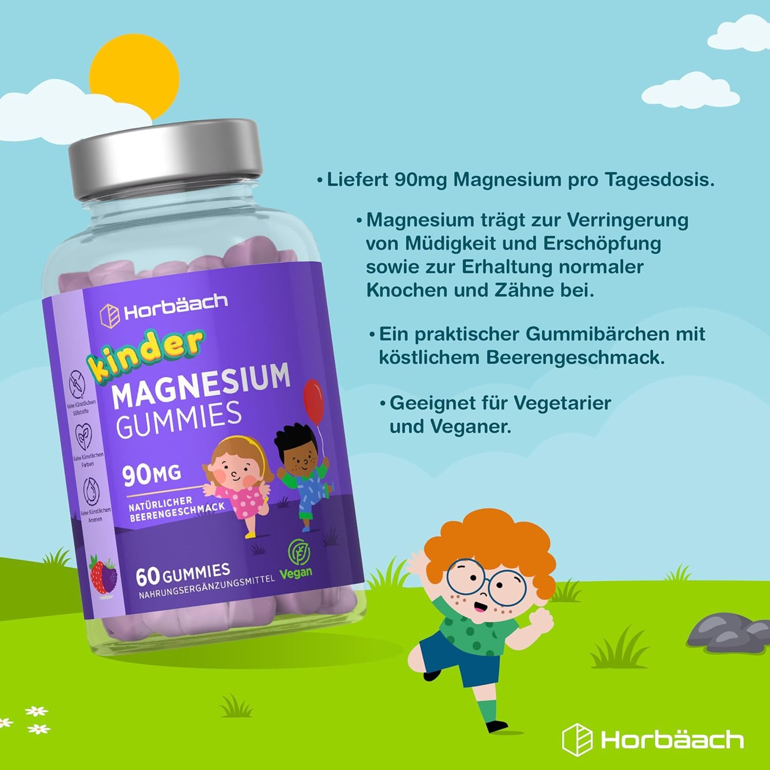 Horbaach Kinder Magnesium Gummies. Flasche mit Gummibärchen. 90mg Magnesium. 60 Gummies. Natürlicher Beerengeschmack. Vegan.