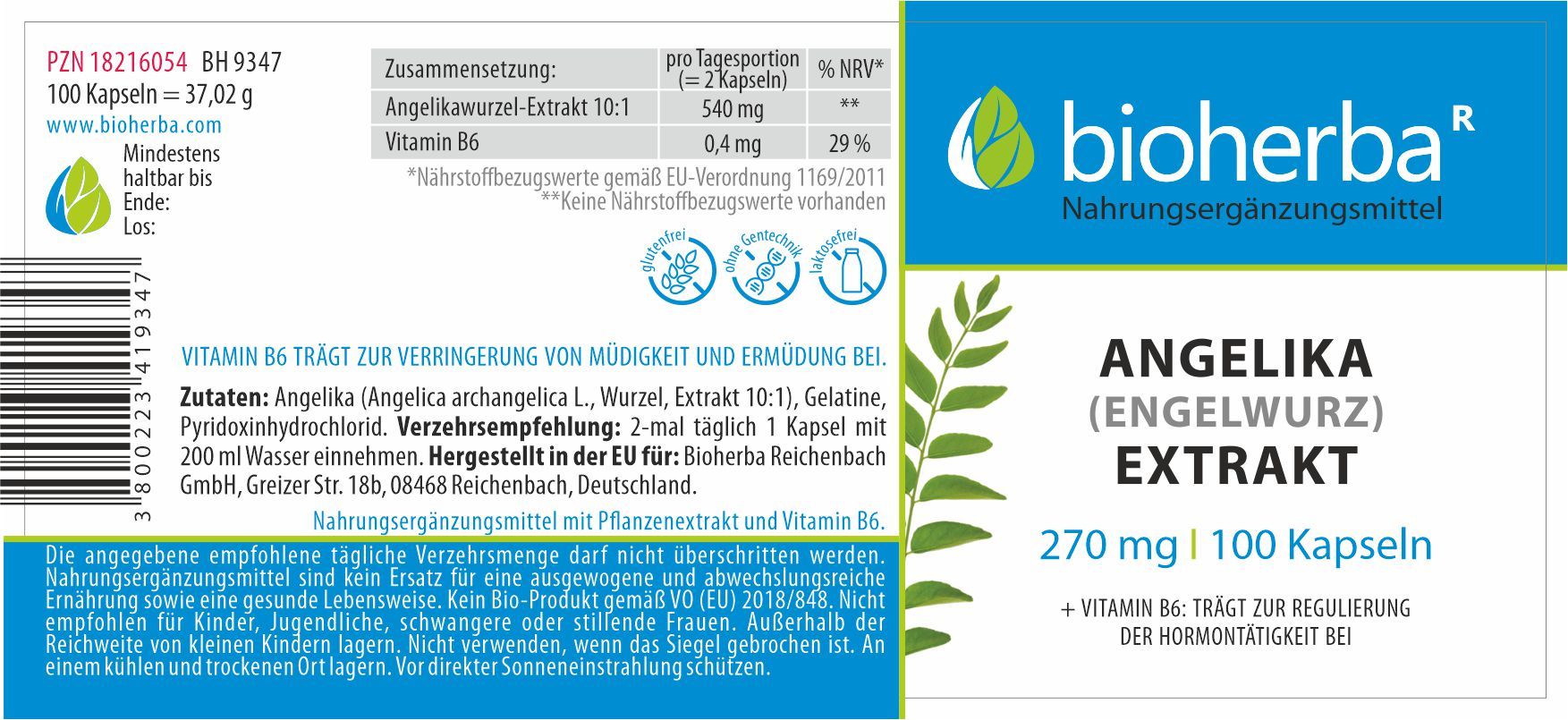Etikett mit blauem Streifen, weißem Text: "bioherba", "Angelika Extrakt", 100 Kapseln. Enthält Inhaltsangaben und Nährwerttabelle.
