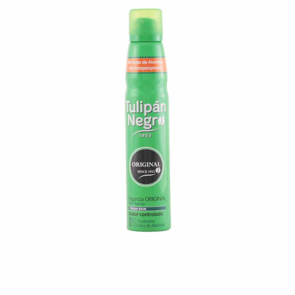 Grüne Sprühdose mit gelbem Deckel. Aufschrift: Tulipan Negro Original. Text: Ohne Aluminiumsalze.