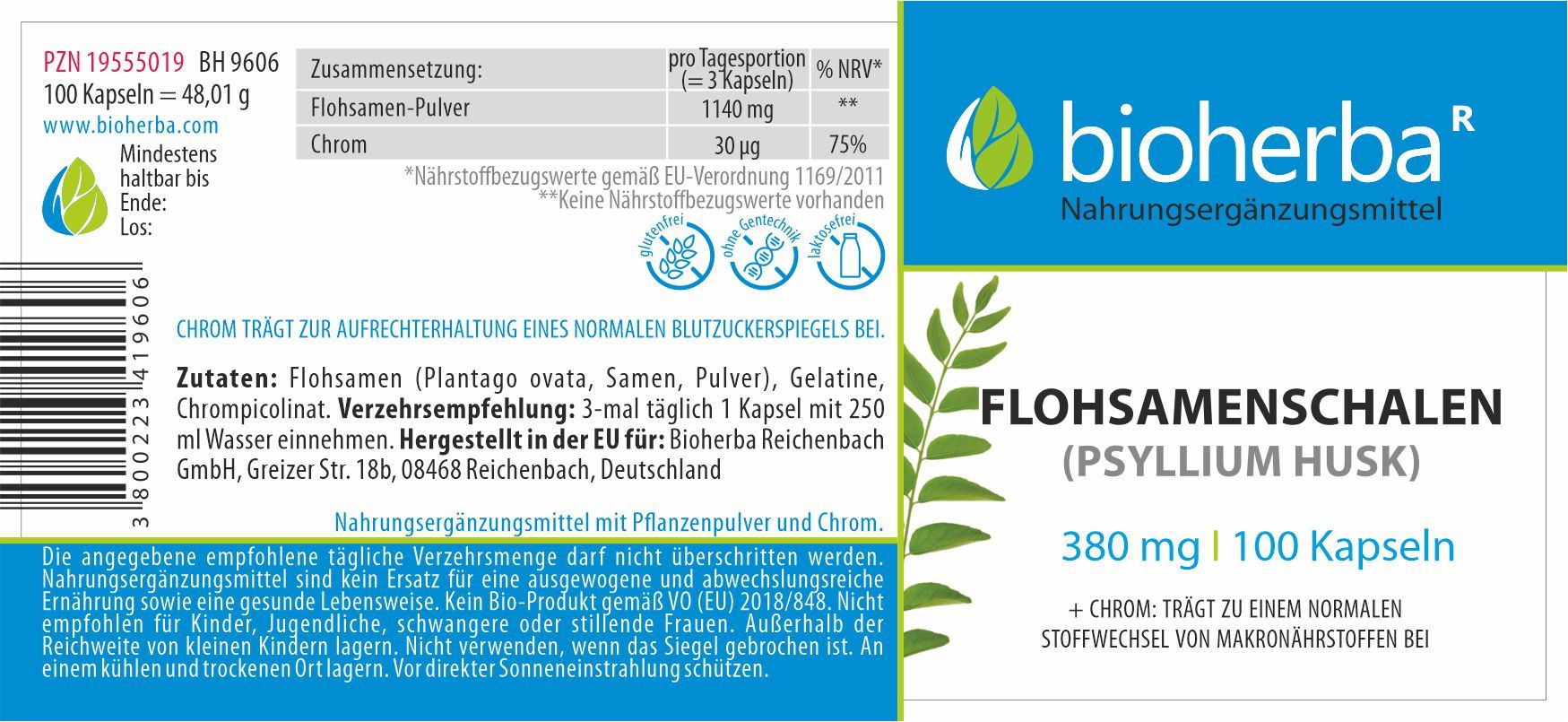 Etikett mit Produktinformationen. Enthält Text zu Inhaltsstoffen, Dosierung und Hersteller. Bioherba Logo und Produktname Flohsamenschalen.
