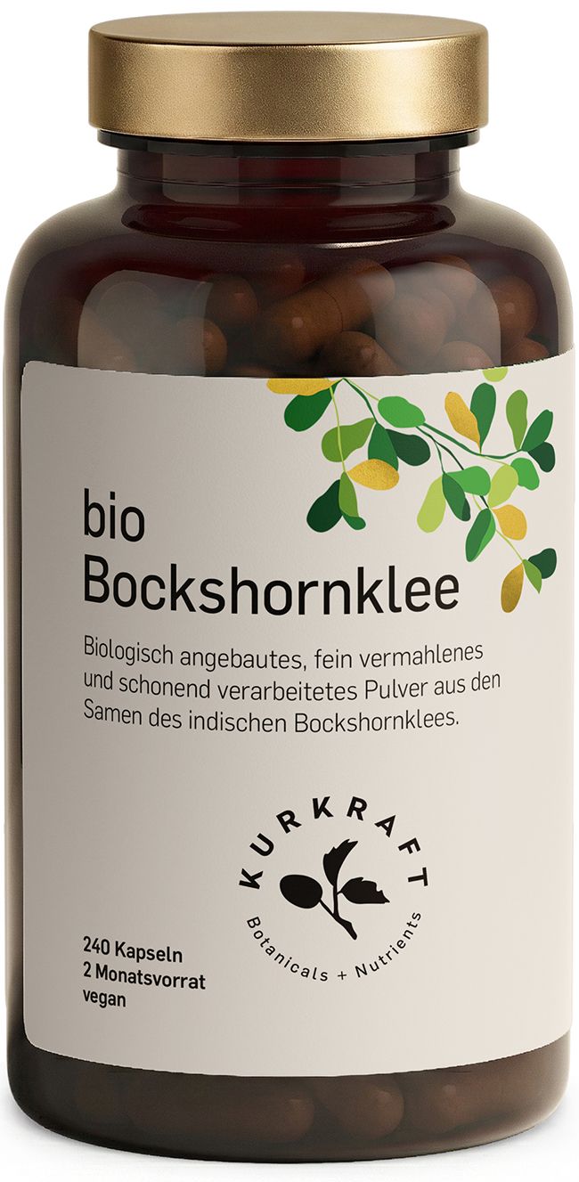 Braune Glasflasche mit Bio Bockshornklee Kapseln. Text, Logo, 240 Kapseln.