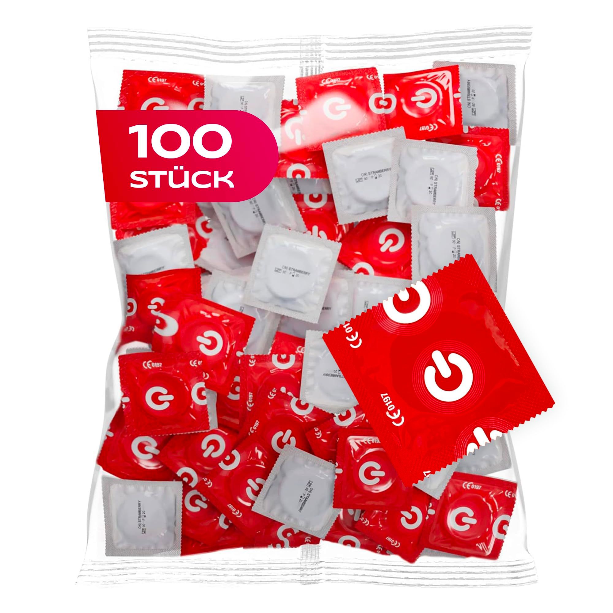 Einzelverpackungen von Kondomen, rot und weiß, mit Logo, auf weißem Hintergrund.