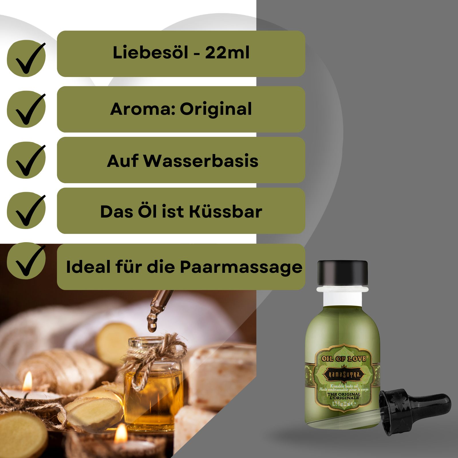 Produktflasche mit Pipette, daneben Textfelder mit Informationen. Hintergrund mit Kerzen und Ingwer.