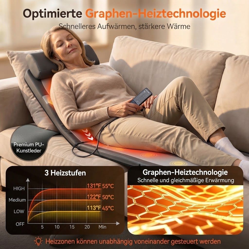 Mann liegt auf Massagematte mit Shiatsu- und Wärmefunktion, hält Fernbedienung zur Intensitätswahl.