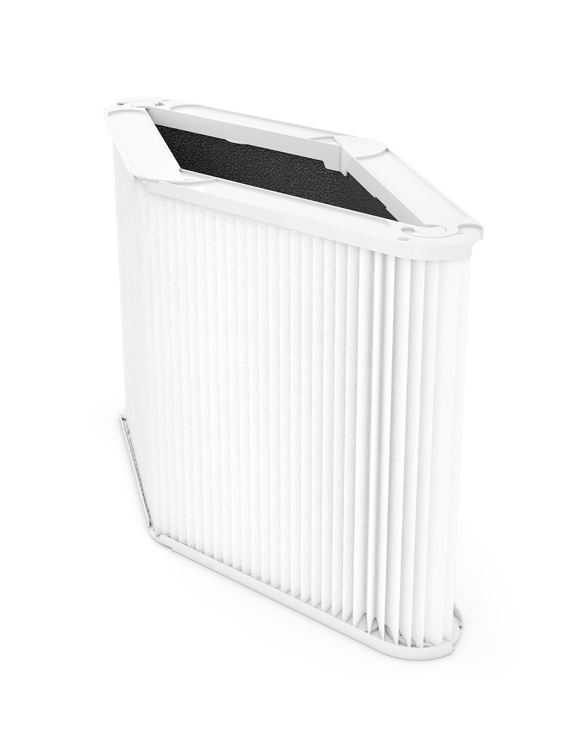 Weißer Filter mit geriffelter Oberfläche und schwarzem Einsatz. Eckige Form, schräge Oberseite.