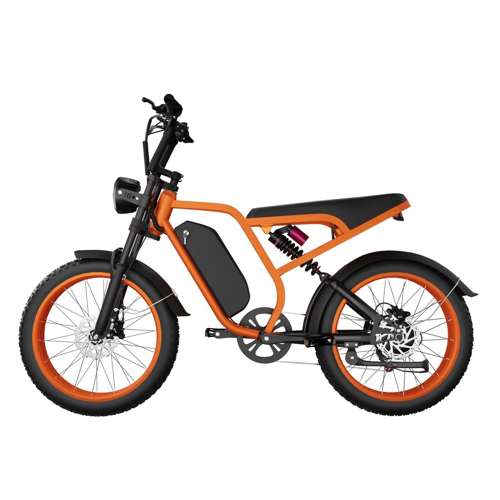 Orangefarbenes Elektro-Fatbike. Schwarze Elemente: Rahmen, Reifen, Sattel. Runde Scheinwerfer. Batterie am Rahmen.