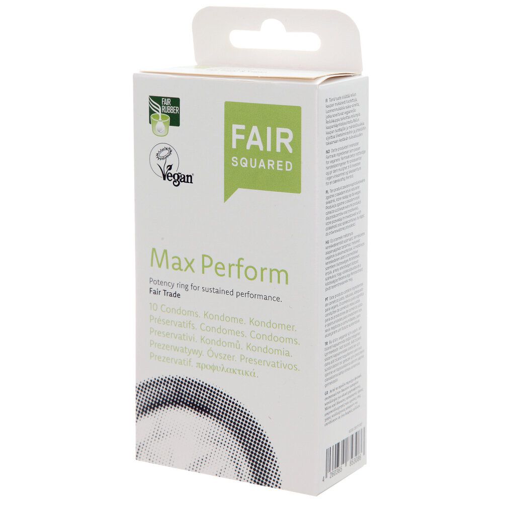 Weiße Verpackung mit FAIR SQUARED Logo und "Max Perform" Schriftzug. Vegan-Siegel und Fair Rubber-Logo. Text in mehreren Sprachen.
