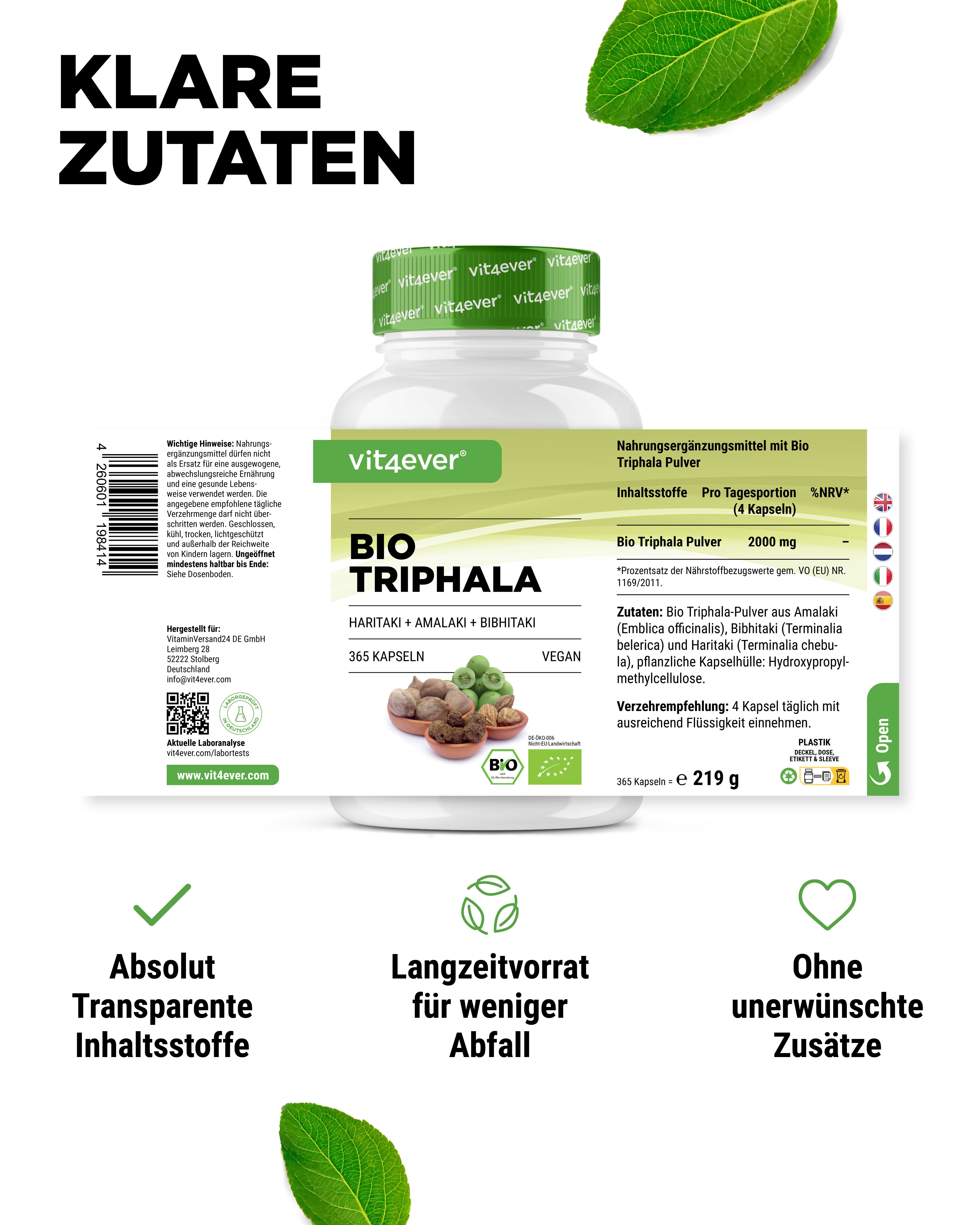 Weißes Pillenbehälter mit grünem Deckel. Aufschrift: vit4ever BIO TRIPHALA. Etikett mit Inhaltsstoffen.