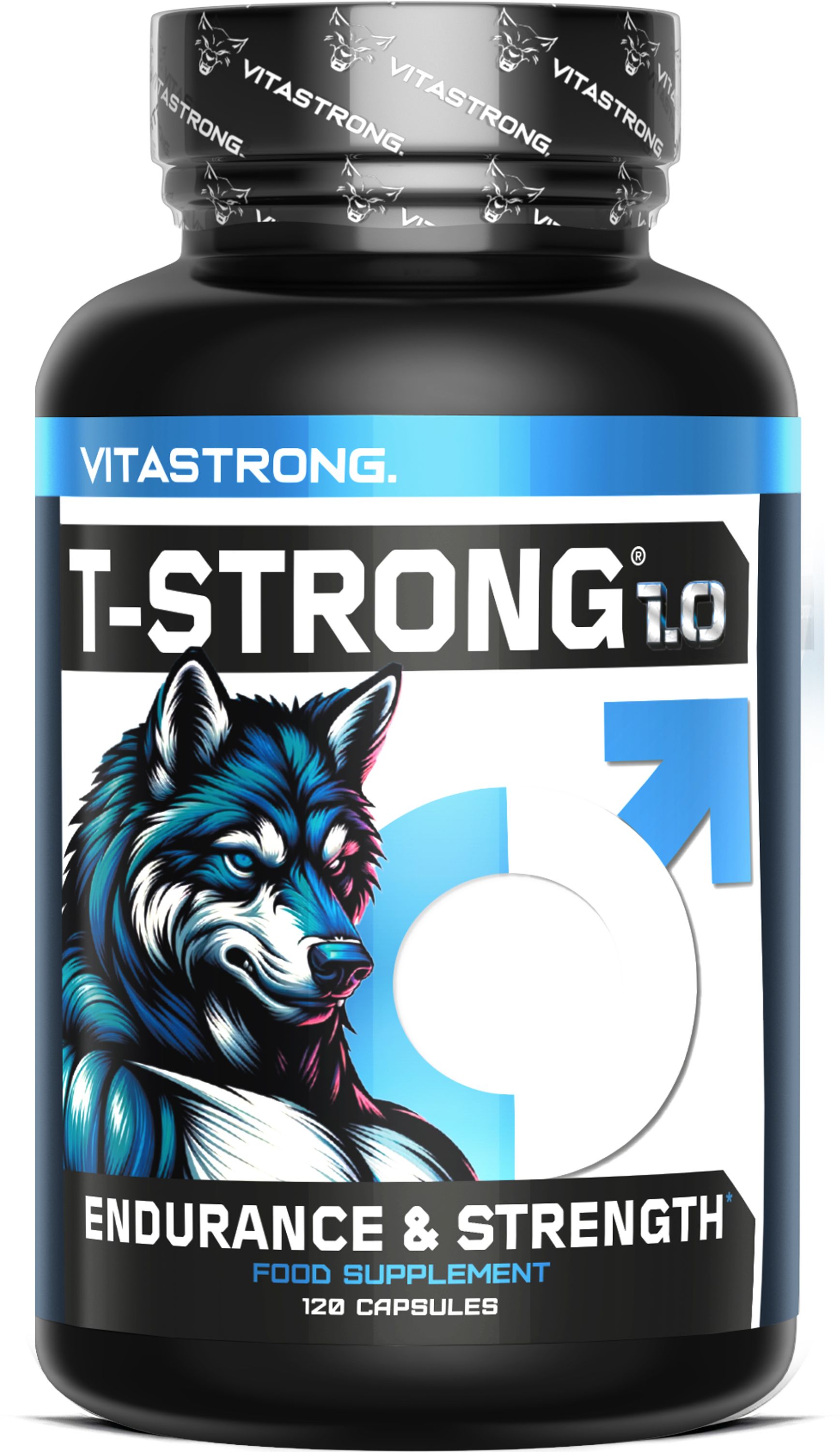 Schwarze Dose mit T-Strong Logo, Wolfsbild und männlichem Symbol. 120 Kapseln.