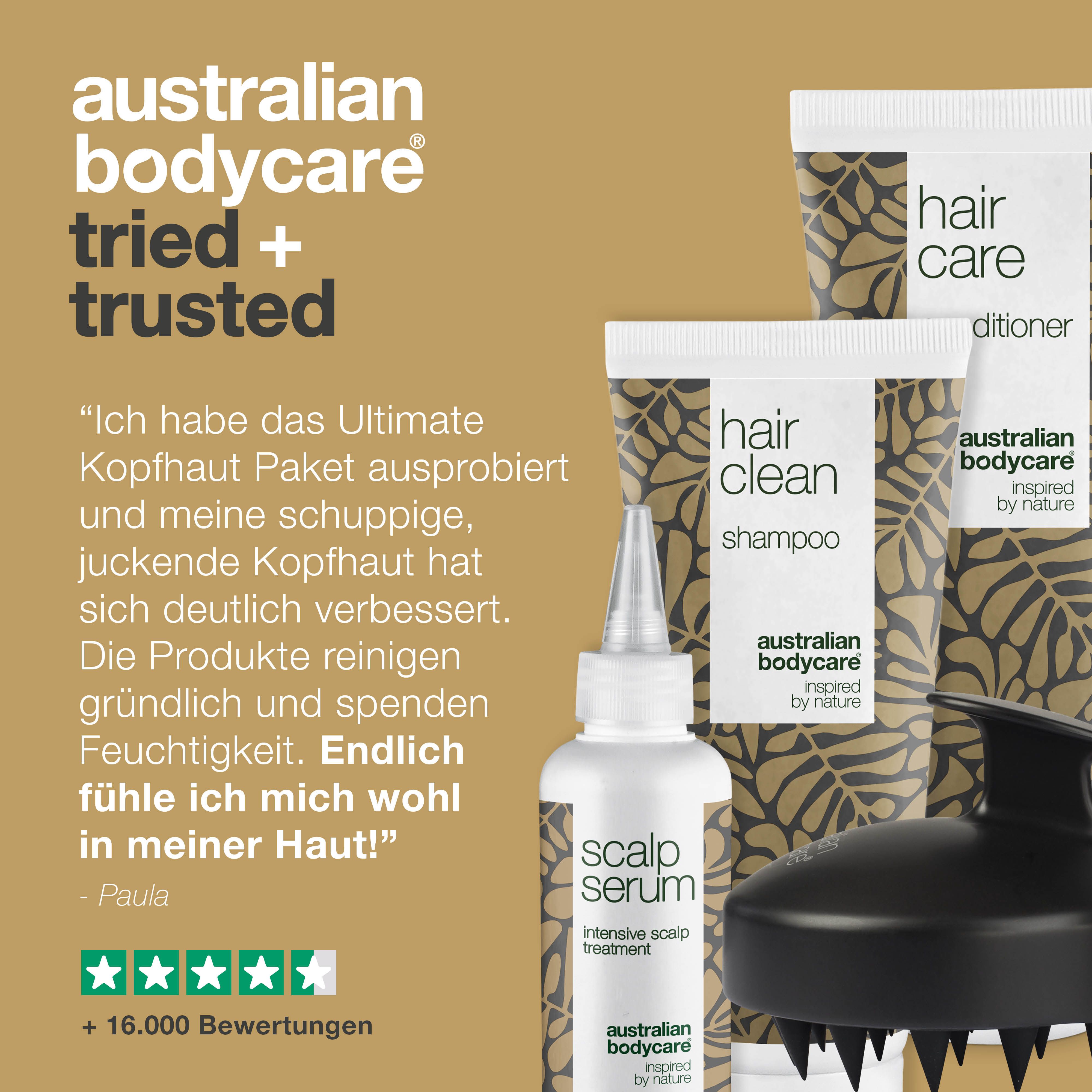 Produkt-Set mit Shampoo, Conditioner, Serum und Kopfhautbürste. Zitate und Bewertungen.