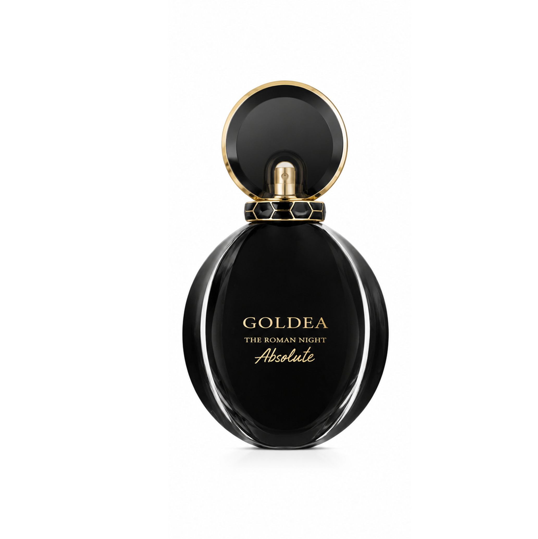 Schwarze Goldea The Roman Night Absolute EDP Spray Flasche mit goldenem Akzent.