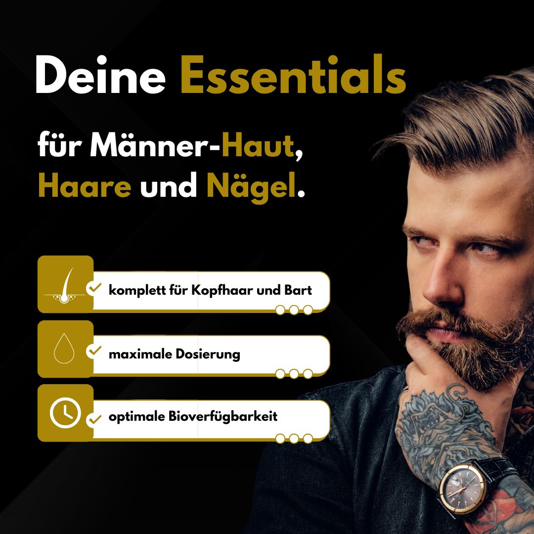 Mann mit Bart. Text: Deine Essentials für Männer-Haut, Haare und Nägel. Komplett für Kopfhaar und Bart.