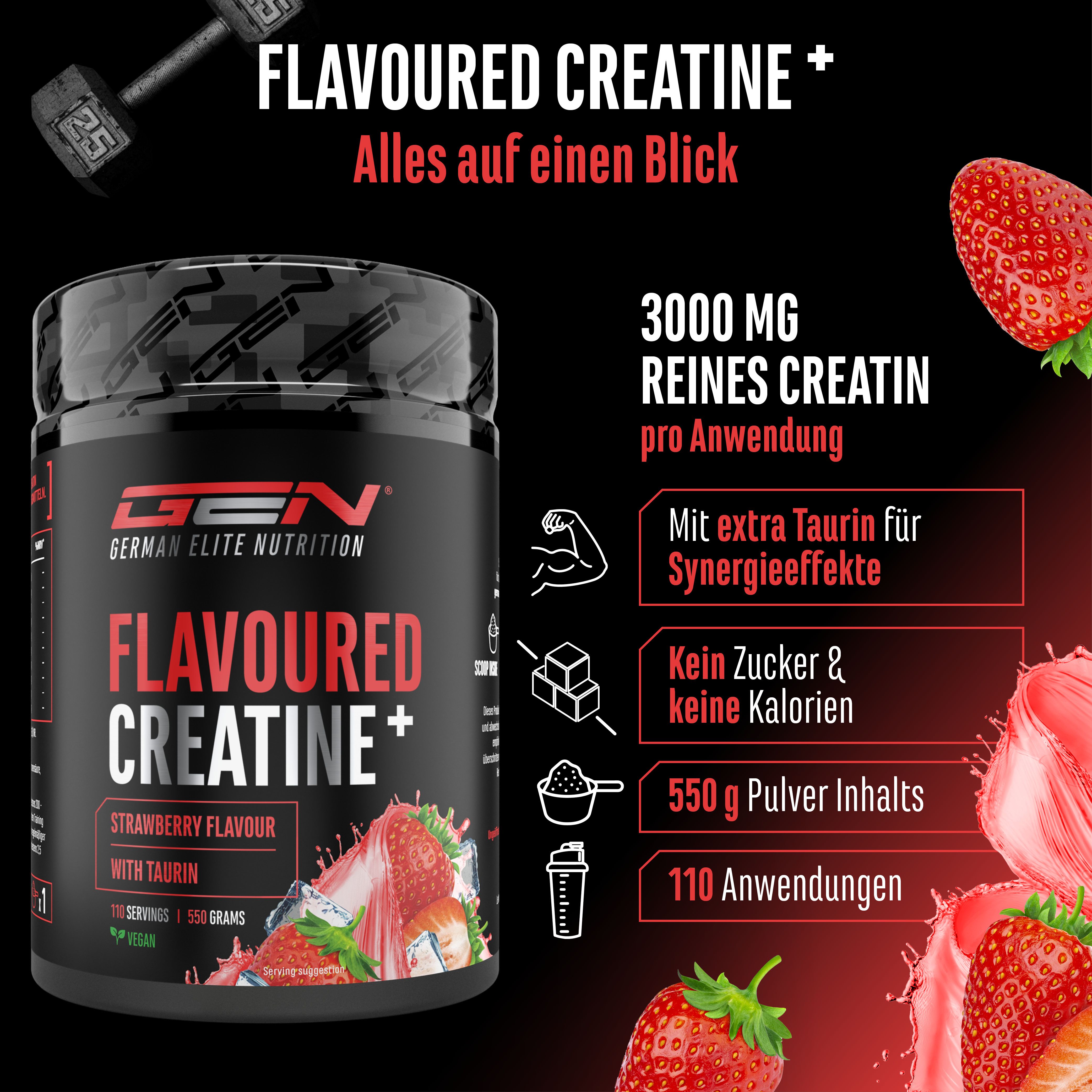 Produkt-Werbung mit Dose FLAVOURED CREATINE+, Erdbeeren und Text. Enthält 3000mg Creatin pro Anwendung.