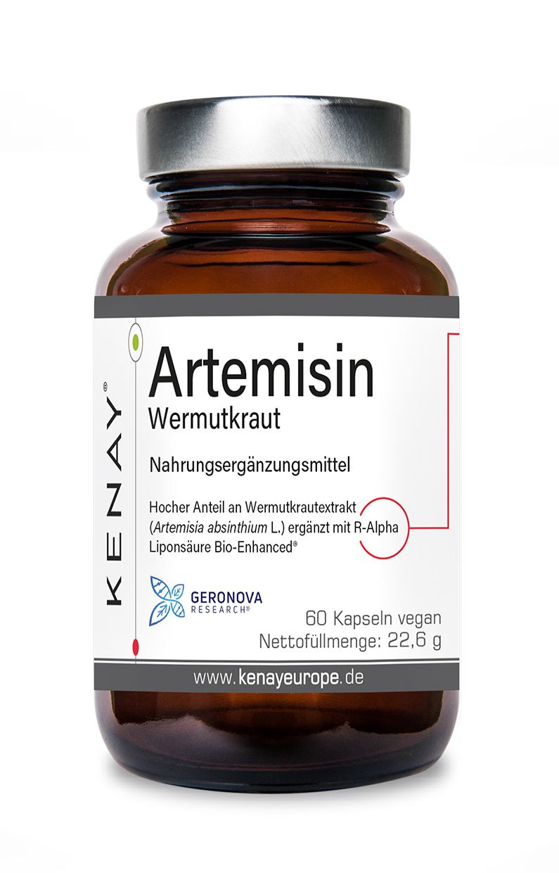 Braune Glasflasche mit weißem Etikett. Aufschrift: Artemisin Wermutkraut, Nahrungsergänzungsmittel, 60 Kapseln vegan. Marke: KENAY®.