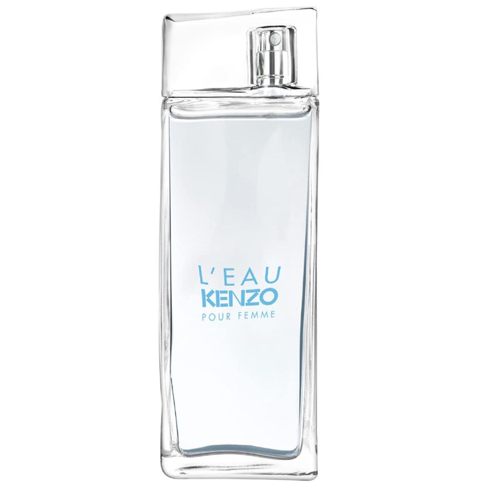Rechteckiger Glasflakon mit Sprühkopf. Schriftzug 'L'EAU KENZO POUR FEMME' in Blau.