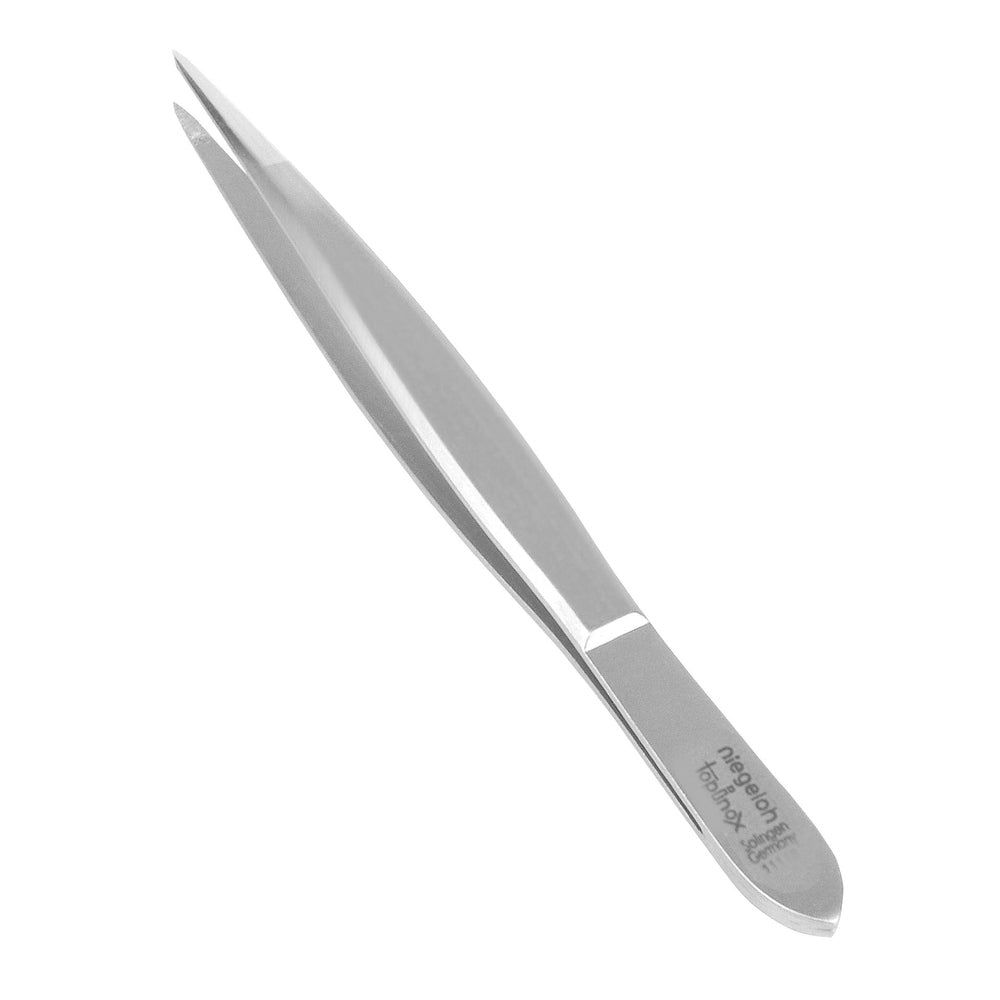 Spitze Pinzette aus Edelstahl. Marke Niegeloh, TopInox. Silberfarbenes Metall, schmale Form. Spitze Enden.