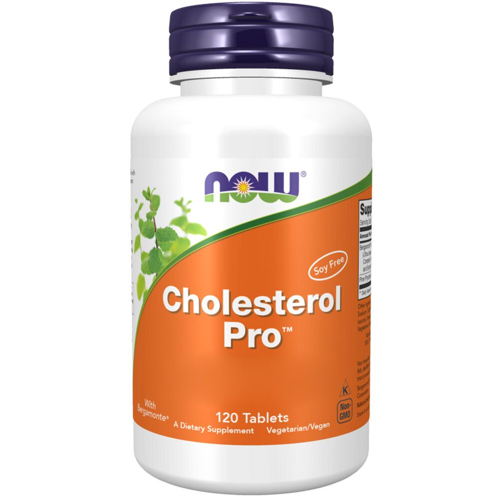 Weiße Flasche mit blauem Deckel. Aufschrift: NOW, Cholesterol Pro, 120 Tabletten. Orangefarbener Aufkleber mit grünen Blättern.