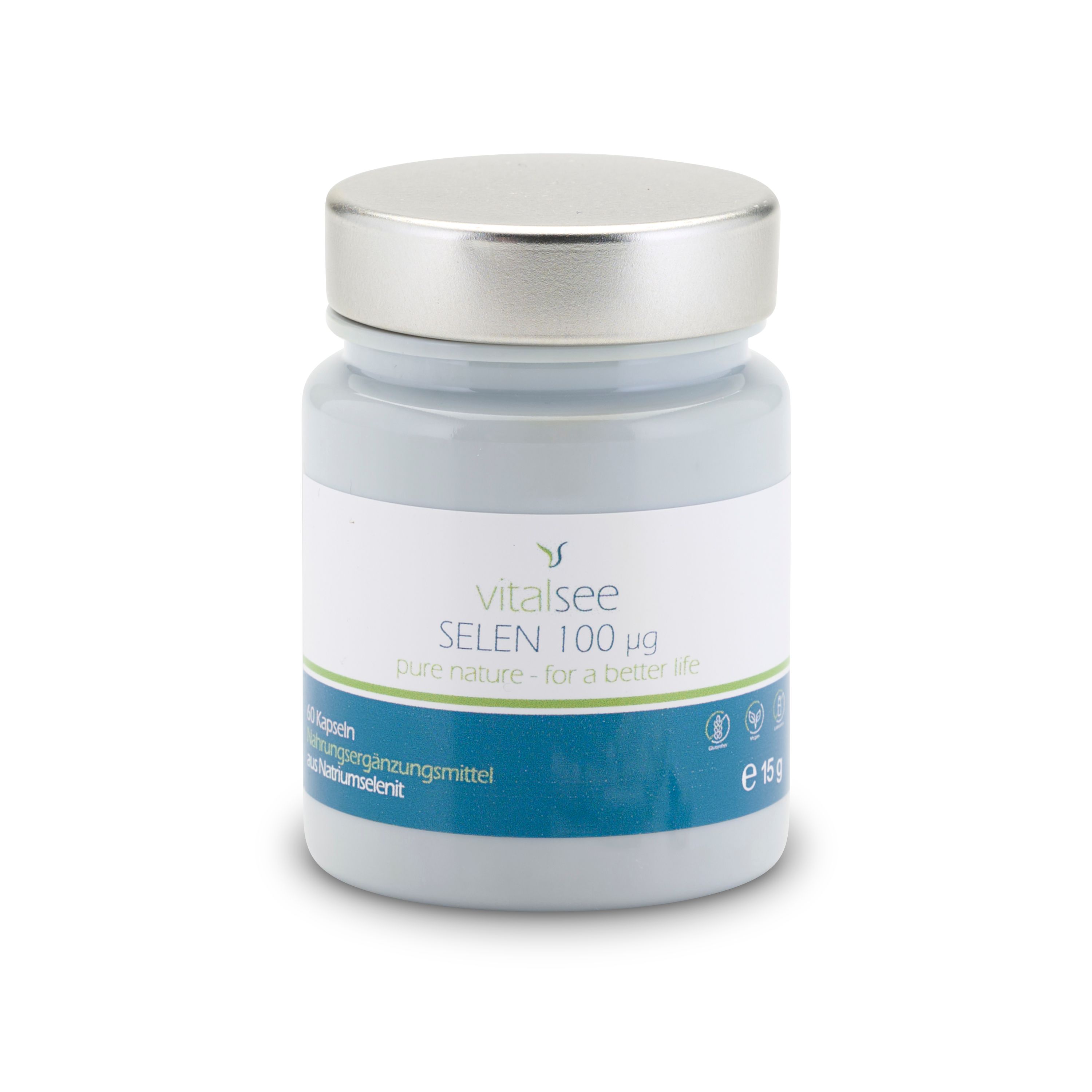 Graue Flasche mit silbernem Deckel. Aufschrift: Vitalsee SELEN 100 µg. Grün-weiße Etiketten. 60 Kapseln.