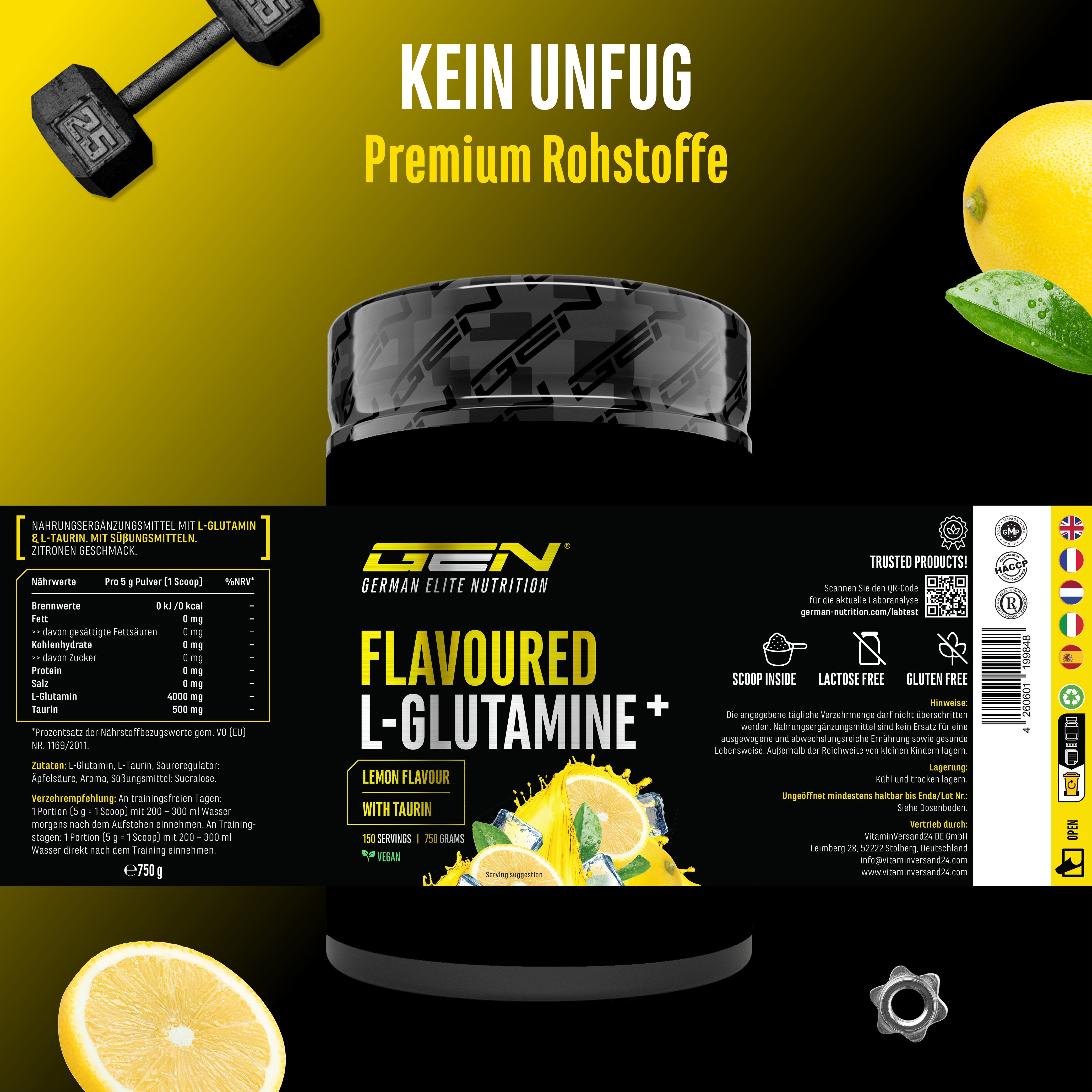 Dose GEN Flavoured L-Glutamine+. Zitrone. 750g. Nährwertangaben und Inhaltsstoffe auf der Verpackung.
