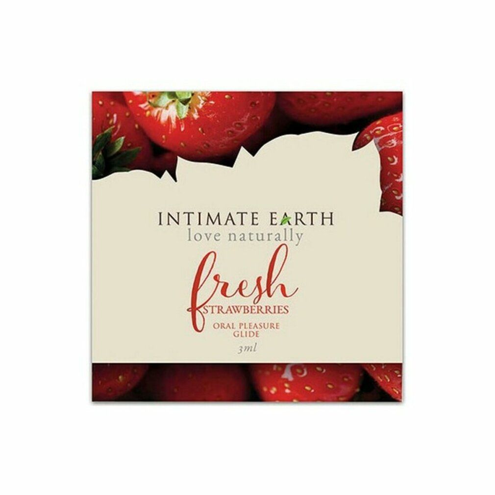 Produktverpackung mit Erdbeeren. Text: Intimate Earth, love naturally, fresh, Erdbeeren, Oral Pleasure Glide, 3ml.