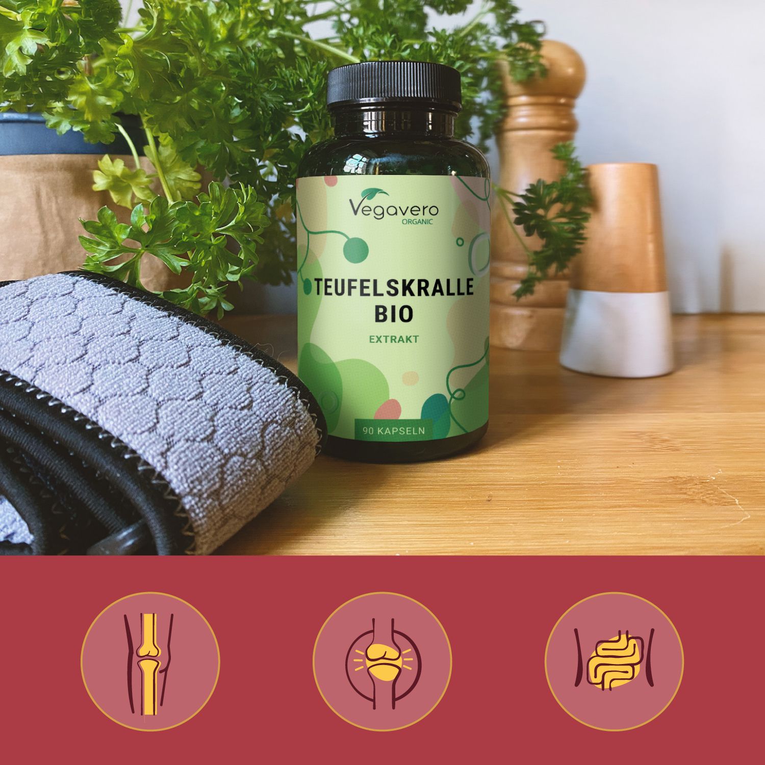 Flasche mit Teufelskralle BIO Extrakt auf Holzoberfläche. Neben einem grauen Band und Küchenutensilien. Illustrationen von Gelenken und Darm.
