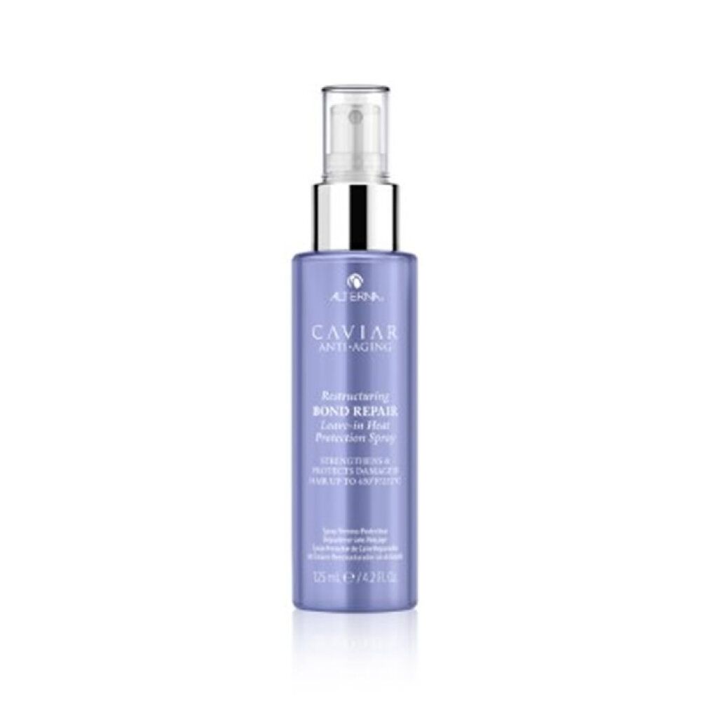 Lila Flasche mit Sprühkopf. Beschriftung: Caviar Anti-Aging, Restructuring Bond Repair Leave-in Heat Protection Spray. 125 ml.