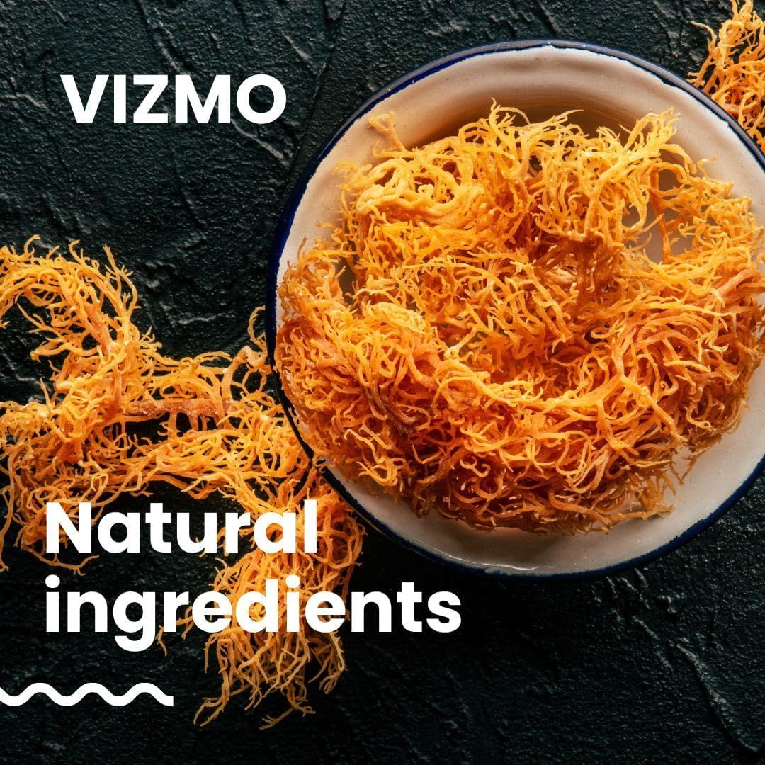 Schüssel mit getrocknetem Seetang. Schwarzer Hintergrund. Vizmo-Logo. Schriftzug: Natural ingredients.