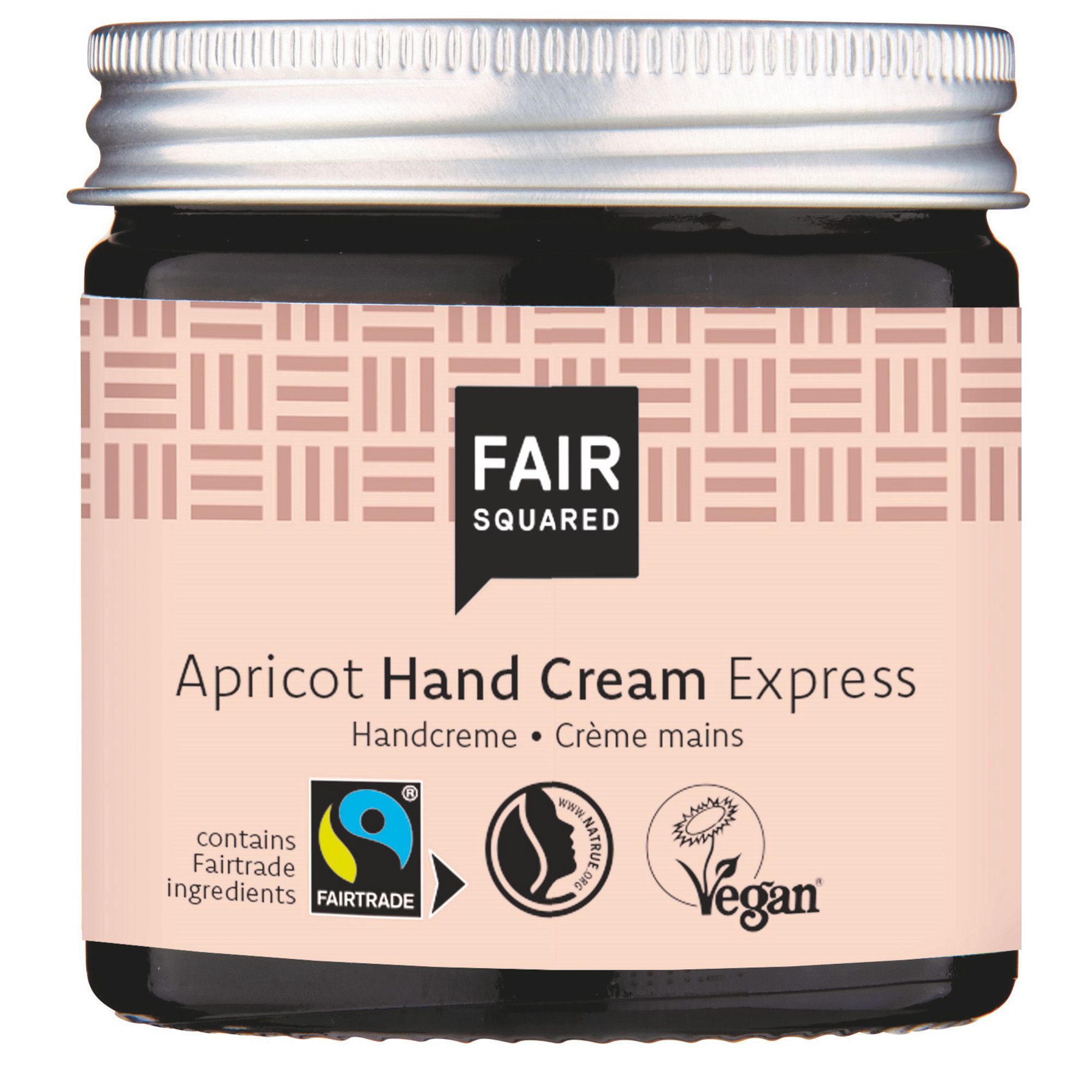 Glas mit Handcreme. Aufschrift: FAIR SQUARED, Apricot Hand Cream Express. Siegel: Fairtrade, Natrue, Vegan.