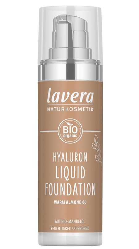 Lavera Hyaluron Liquid Foundation Flasche. Warm Almond 06. Mit Bio-Mandelöl. Transparente Pumpe und Deckel.