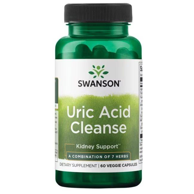 Grüne Flasche mit Kapseln. Aufschrift: SWANSON, Uric Acid Cleanse, Kidney Support, 60 Veggie Capsules.