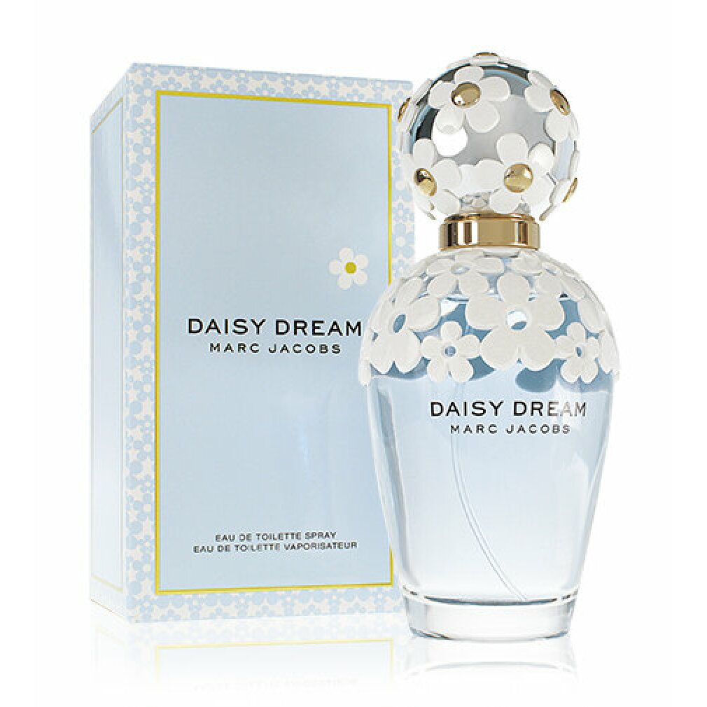 Parfümflasche und Verpackung. Aufschrift: DAISY DREAM MARC JACOBS. Verpackung: hellblau mit Blumenmuster.