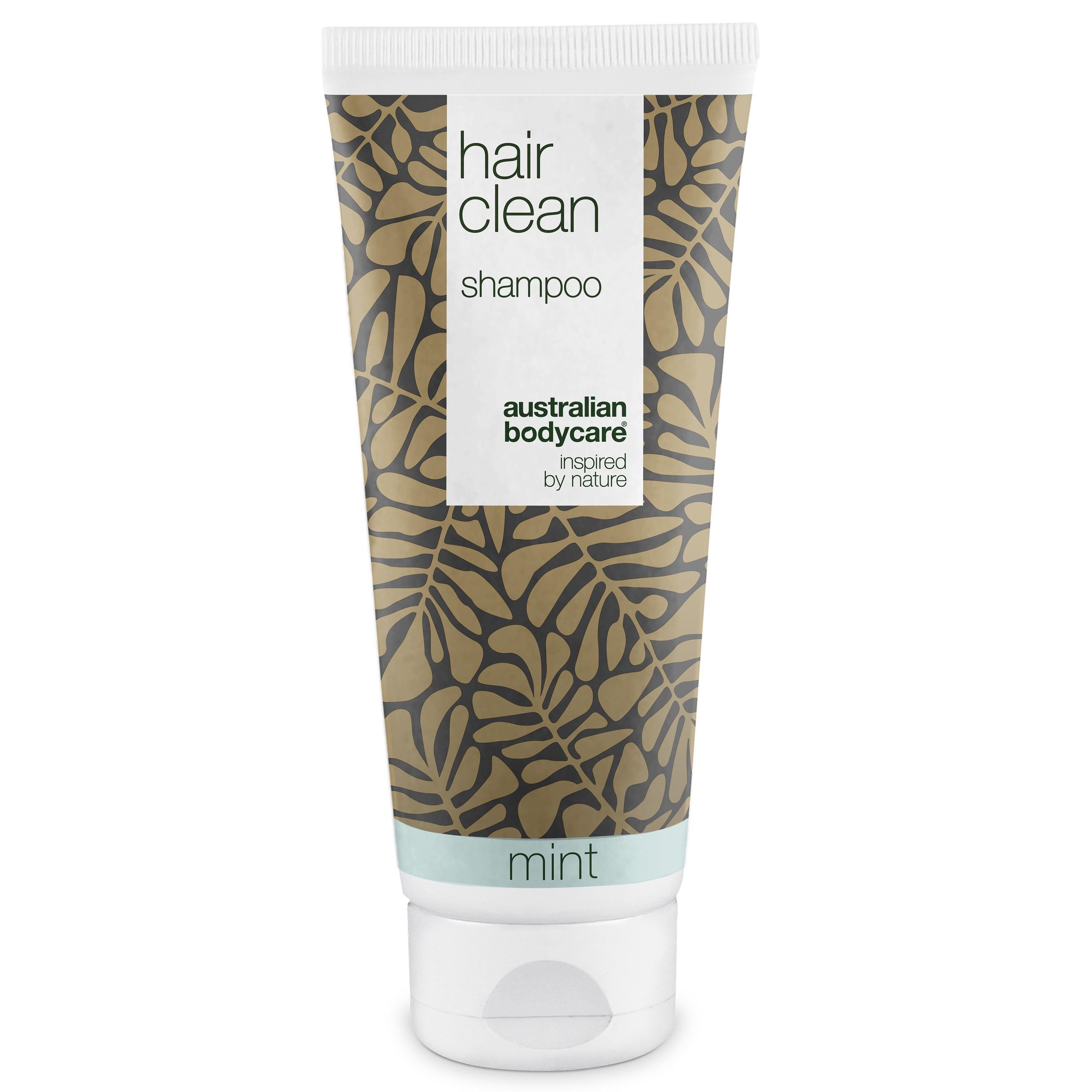 Tube Shampoo mit Blattmuster. Aufschrift: hair clean shampoo, australian bodycare, mint.