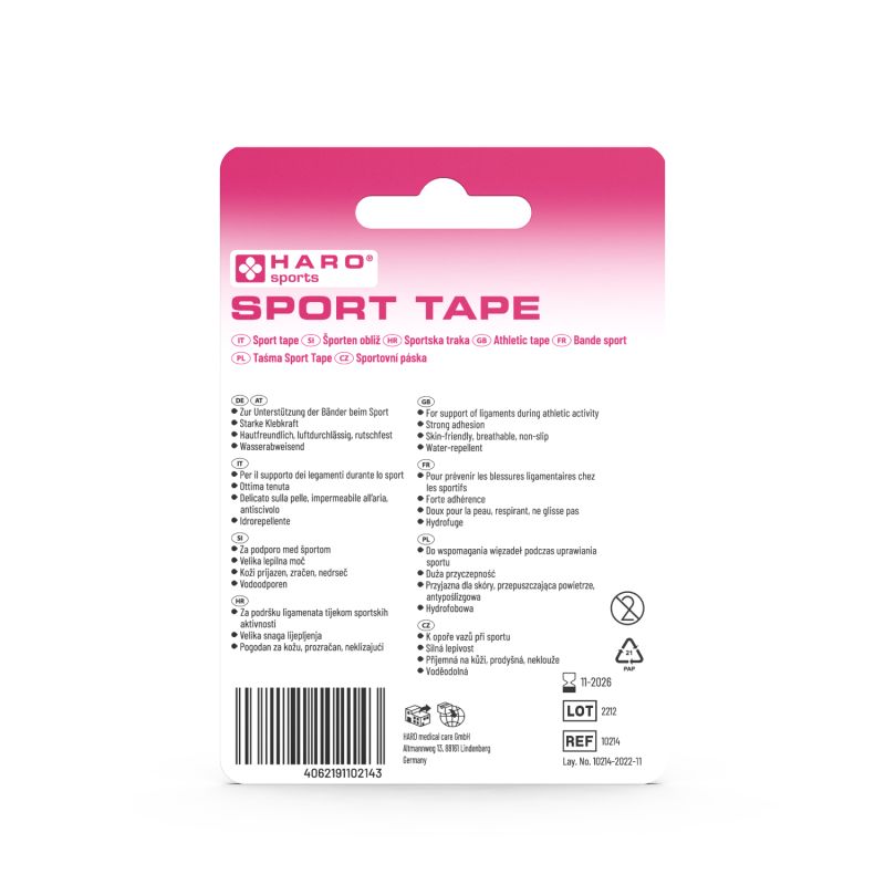 Rückseite der Haro Sport Tape Verpackung. Rosa-weißer Hintergrund. Text in mehreren Sprachen. Logo und Produktname oben.