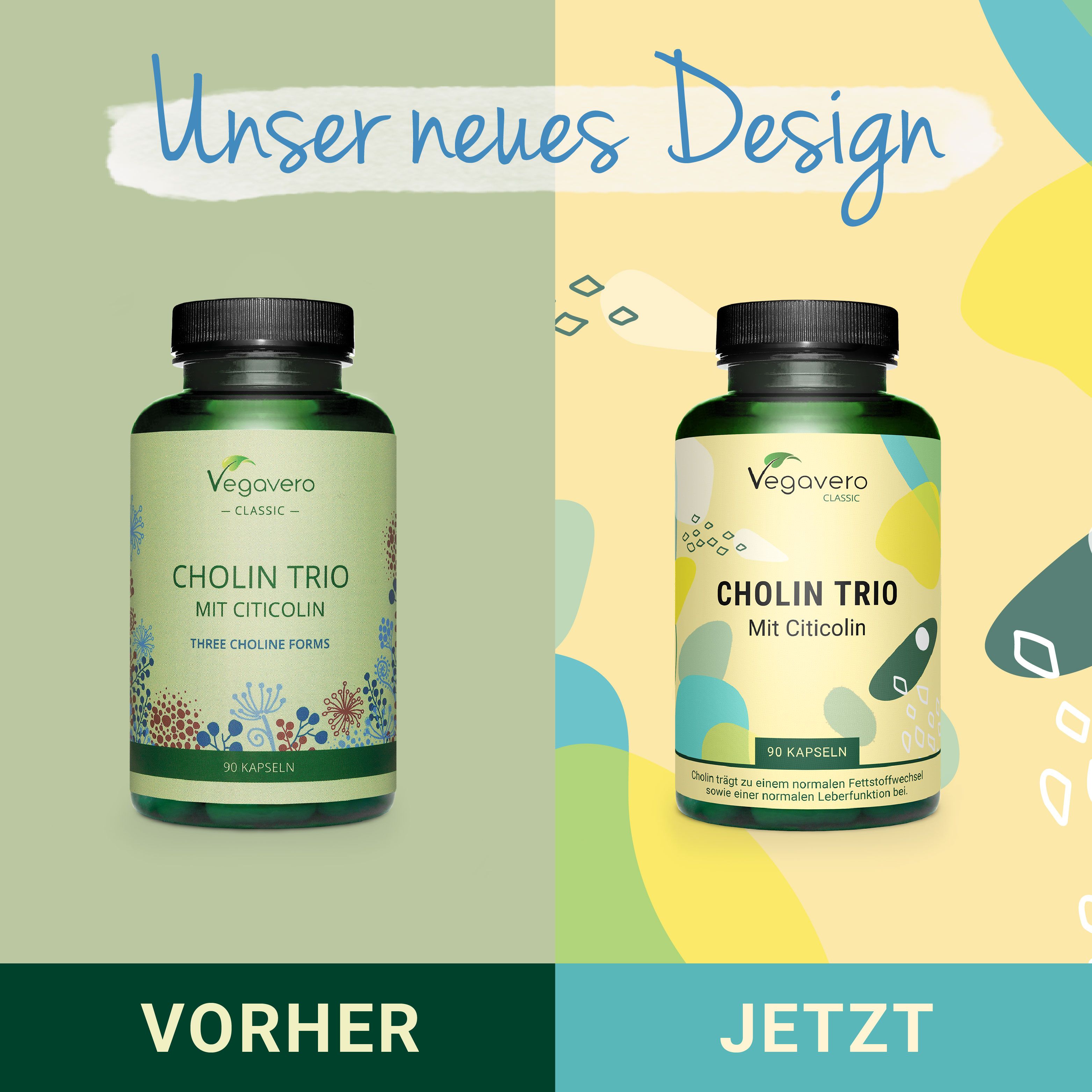 Vergleich von zwei Flaschen. Links: altes Design. Rechts: neues Design. Aufschrift: Cholin Trio, 90 Kapseln.