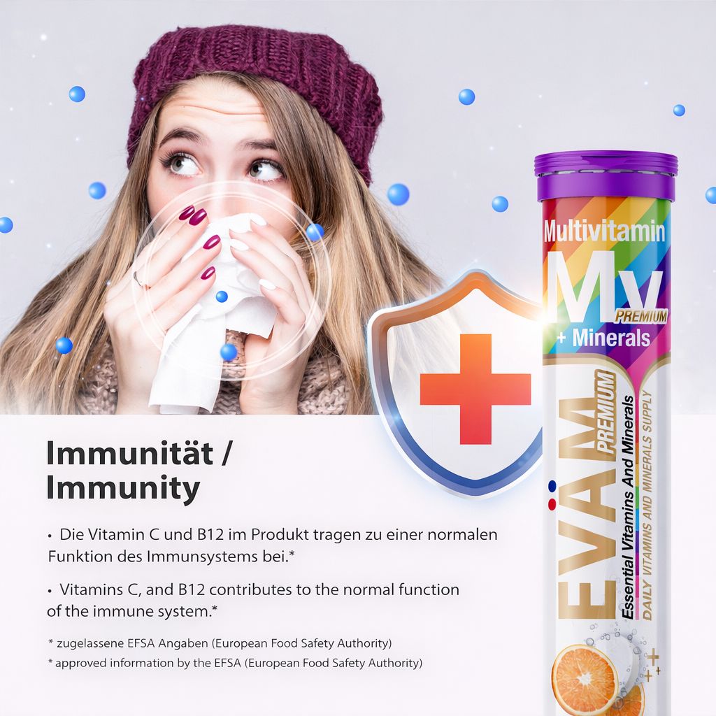 EVÄM Multivitamin + Mineralien Tube. Text: Vitamin C und B12 tragen zur normalen Funktion des Immunsystems bei. Vegan.