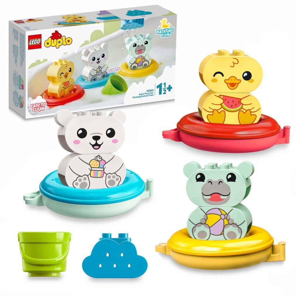 LEGO Duplo Badespaß-Set mit drei Tierfiguren auf Schwimmringen, Eimer und Wolken-Element. Produktname und Altersempfehlung.