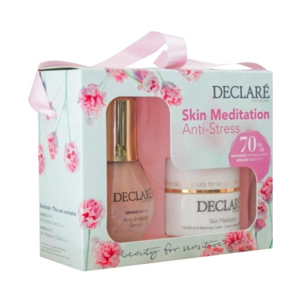 Geschenkbox mit DECLARÉ Skin Meditation Anti-Stress Produkten. Enthält Serum und Creme, verpackt mit rosa Schleife.