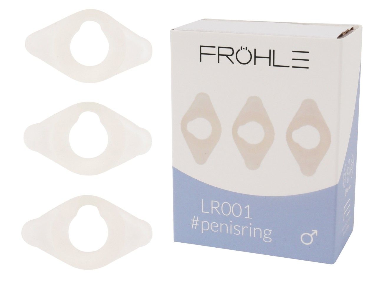 Drei hellbeige, rautenförmige Penisringe neben der Fröhle LR001 Verpackung.