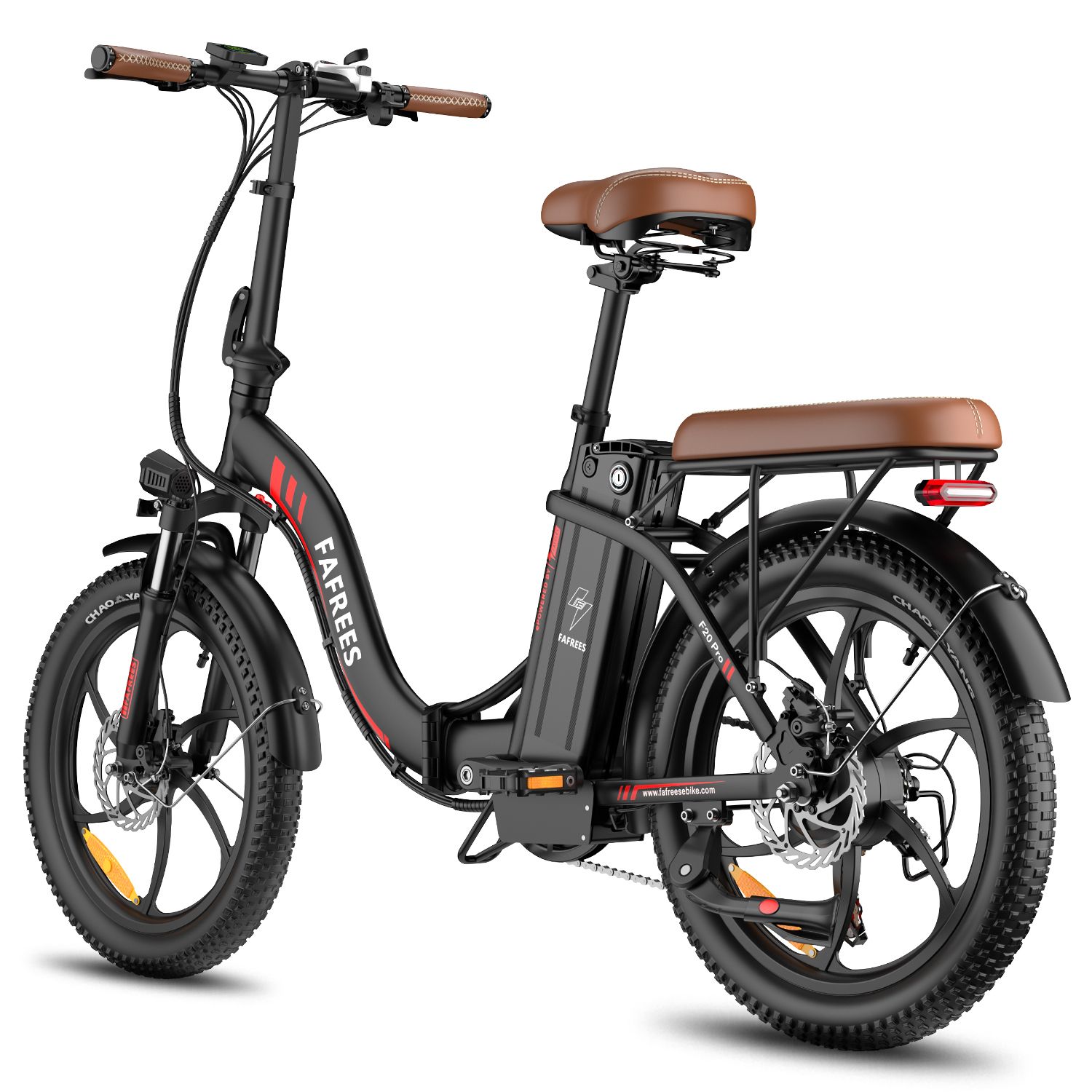 Schwarzes FAFREES F20 Pro Elektrofahrrad. Brauner Sattel, breite Reifen, roter Akzent. Rückansicht.