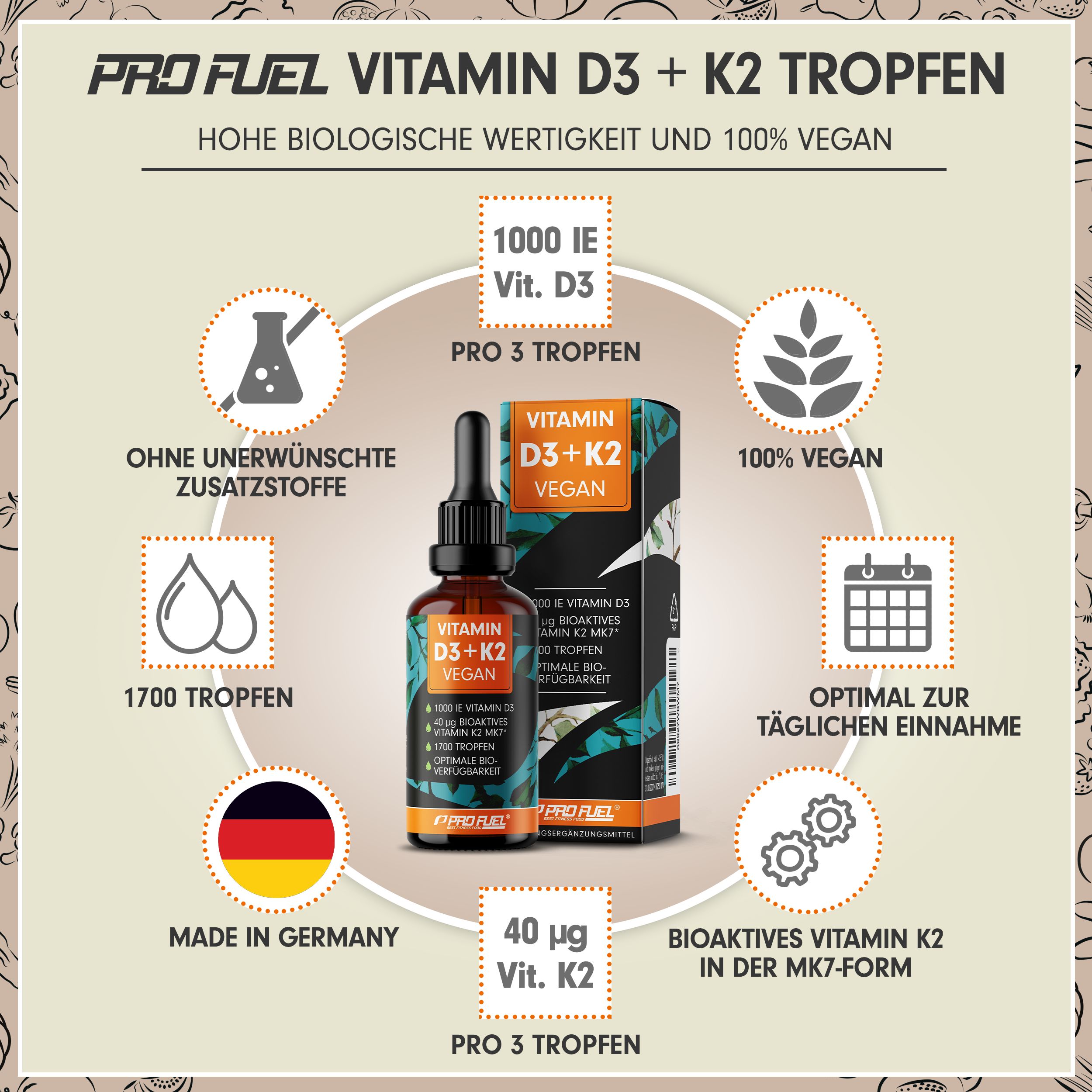 Produkt mit Tropfflasche und Verpackung. Aufschrift: Vitamin D3+K2 Vegan. Enthält 1000 IE Vitamin D3, 40 µg K2. Made in Germany.