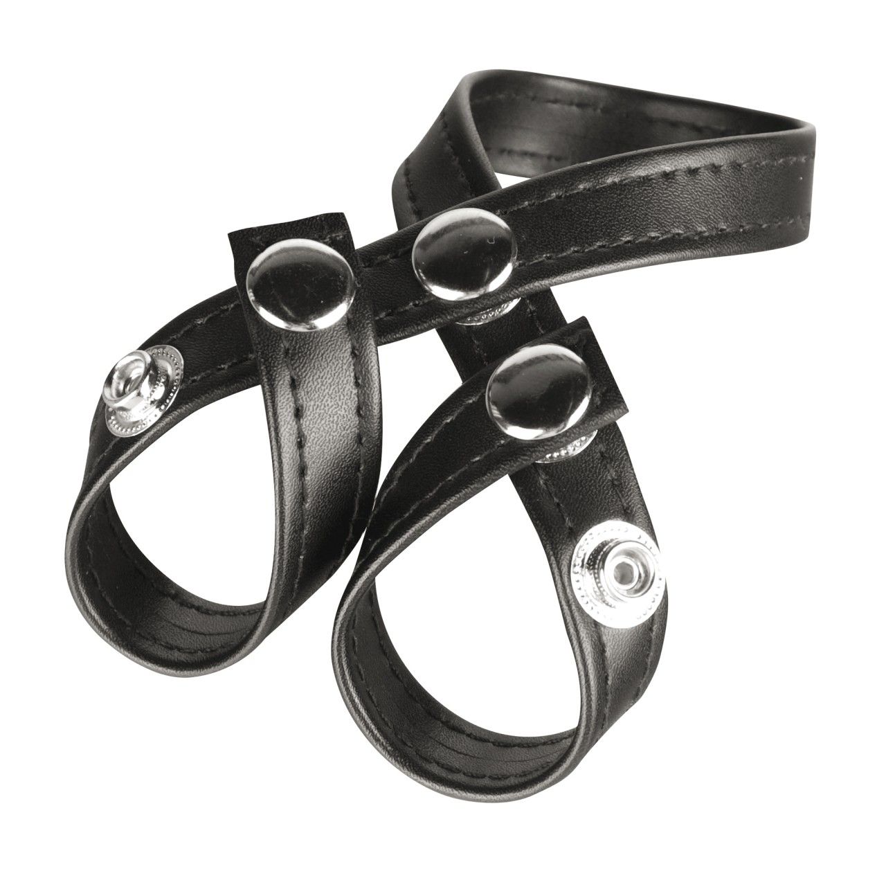 Schwarzer Hodenring mit Druckknöpfen. Lederoptik, zwei Schlaufen, drei Knöpfe.