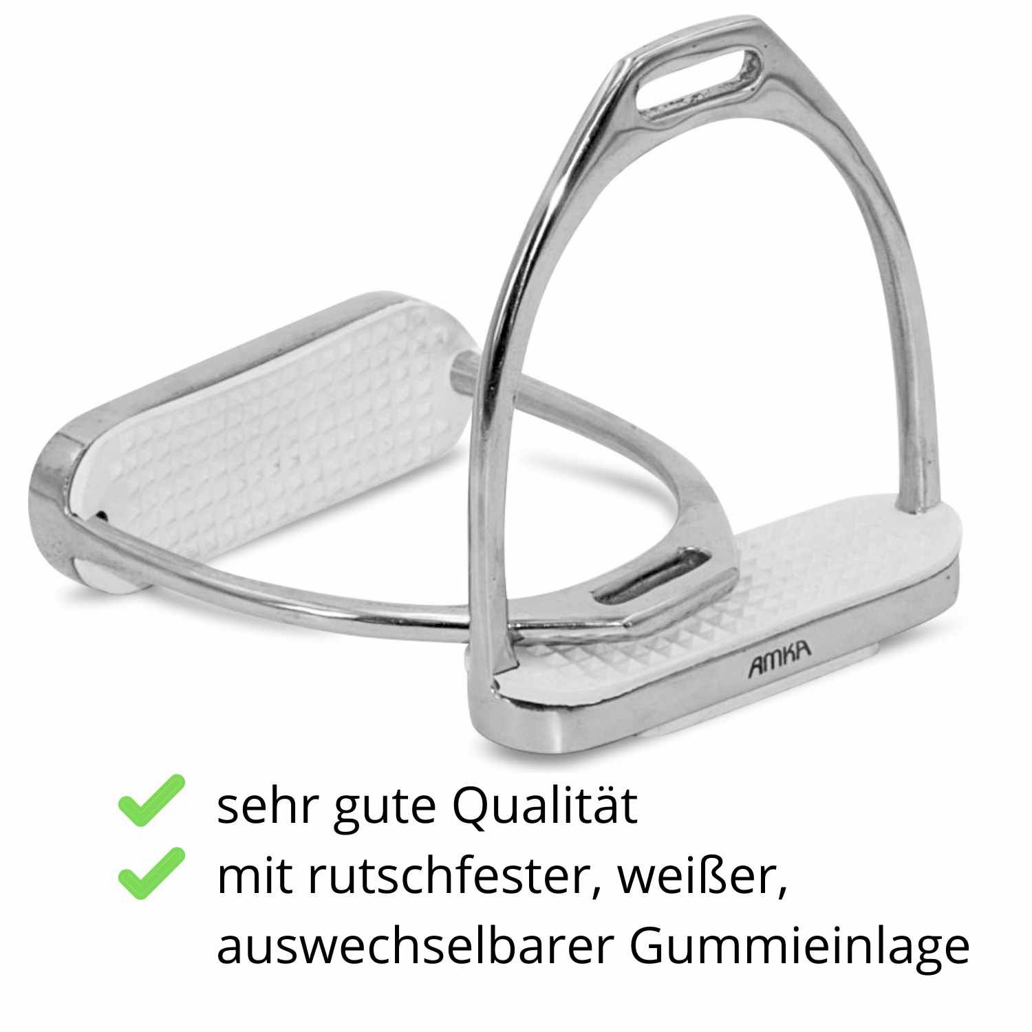 Steigbügel aus Edelstahl mit weißer, rutschfester Gummieinlage. AMKA-Logo.