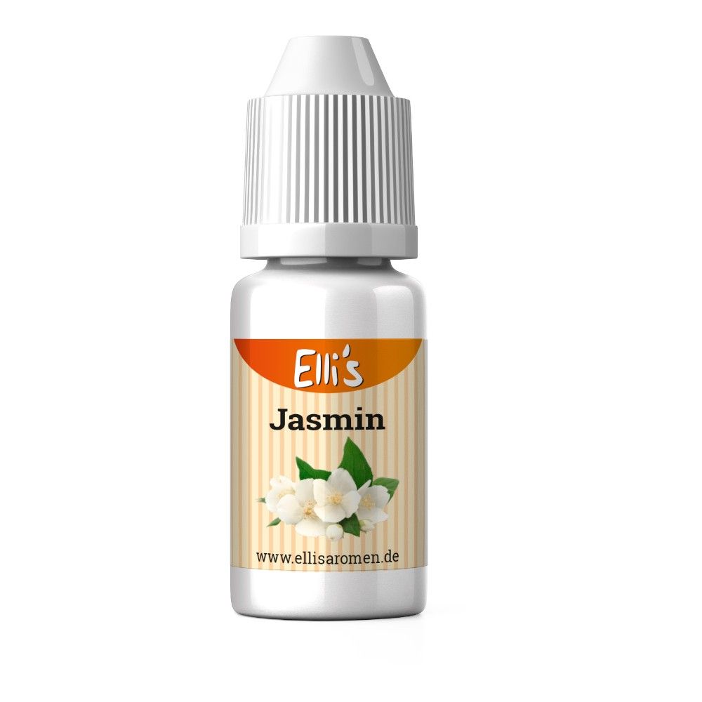 Weiße Flasche mit Schraubverschluss. Etikett mit "Elli's Jasmin", Jasminblüten-Illustration und Website-Adresse.