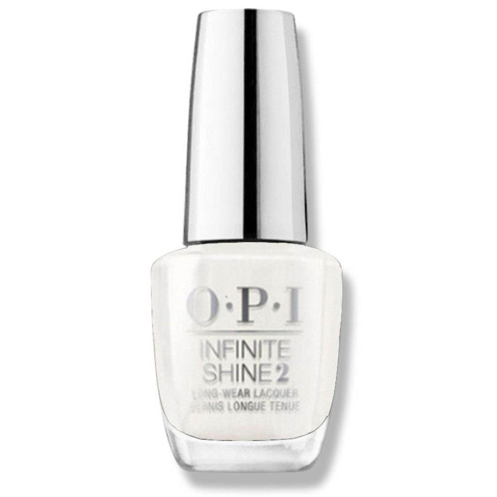 Weißer Nagellack von OPI Infinite Shine 2. Flasche mit silbernem Deckel. Aufschrift und Produktbezeichnung.